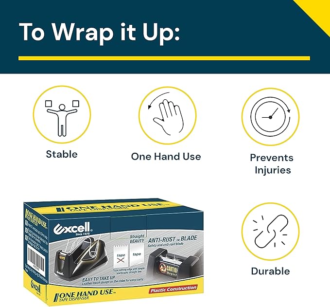 Excell - Desk Tape Non-Skid Base Dispenser 3pc, 3/4" Wide, 1" Core, Durable Plastic Tape Holder, Heavy Duty Tape Dispenser, Weighted Tape Dispenser for Desk, Easy One Hand Use, 1 inch Tape Dispenser