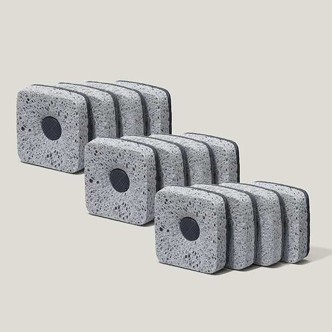 Ionic Non-Scratch Kitchen Sponge with Magnetized Holder, Dual Sided Cellulose and Scrub Pad, 12 Pack, Black/Grey