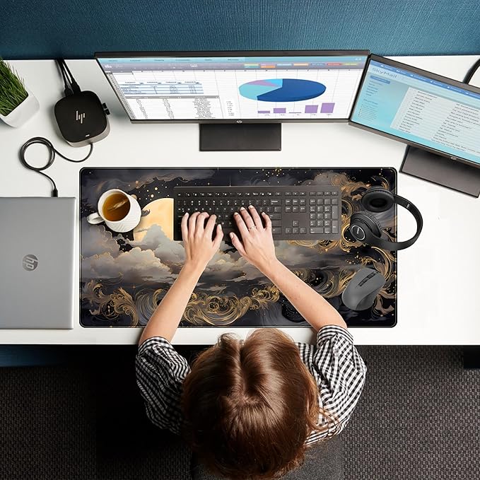 Golden Moon Desk Pad Black Desk Mat XXL Mouse Gaming Pads, Starry Sky Keyboard Pads Extra Large Desktop Computer Mats with Non-Slip Base & Stitched Edges, Vintage Office Decor 31.5" x 15.7"