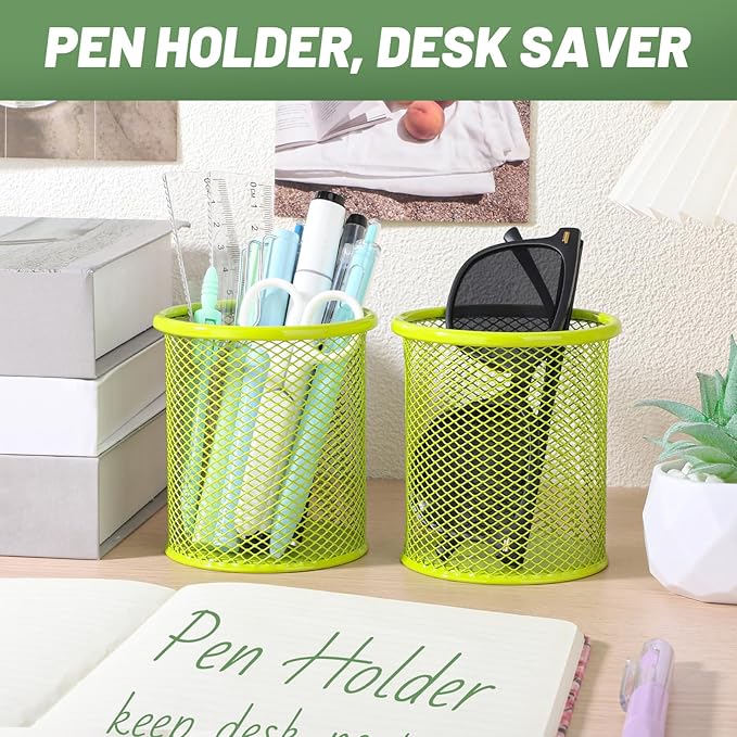 Segarty Pen Holder, 3 Pack Round Light Green Pen Cup Holder, Wire Mesh Marker Pencil Containers Set for Desk, Desktop Accessories Organizer Office Supplies, School, Home, Makeup Brush
