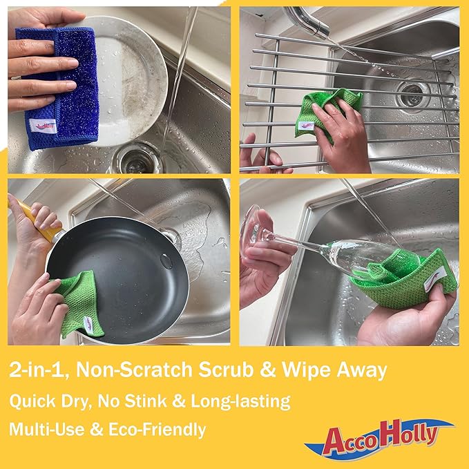 12 Pack Microfiber Scrub Dish Cleaning Cloth, Non-Scratch, 6 x 6 Inch, Multi-use for Pan Pot Dish Cooktop Stovetop Counter Kitchen Household, No Odor, Machine Washable, Blue & Green Assorted