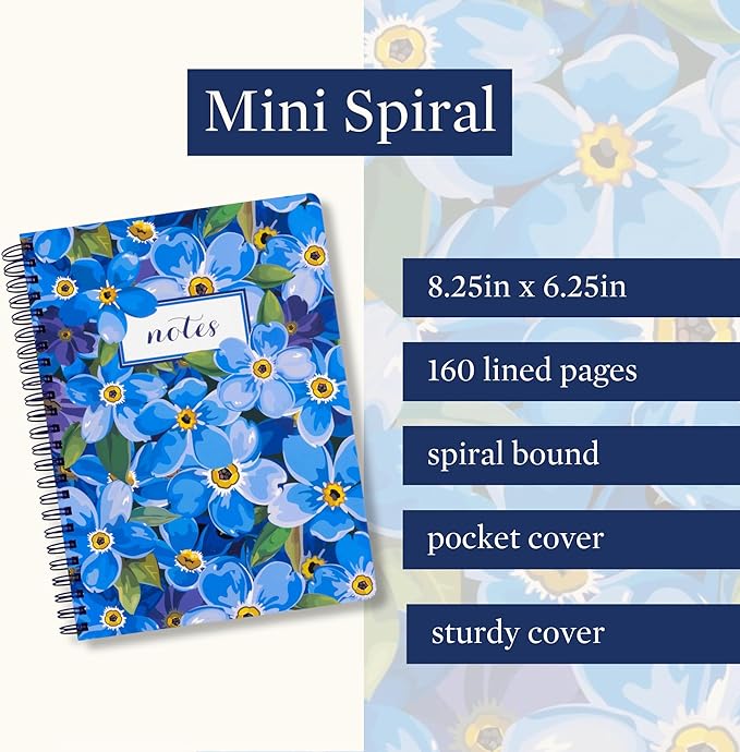Steel Mill & Co Cute Mini Spiral Notebook, 8.25" x 6.25" Journal with Durable Hardcover and 160 Lined Pages (Forget Me Not)
