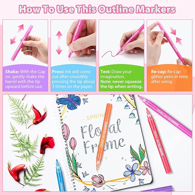 Ohuhu Glitter Markers Pen: 12 Glitter Colors Metallic Shimmer Marker Fine Tip Water-based Ink for Kids Adults DIY Crafts Greeting Birthday Cards Making Mugs Wood