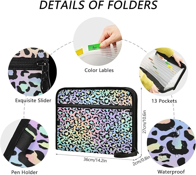 Gredecor Leopard Spots Neon Gradient Expanding File Folder 13 Pockets Expandable Filing Folders Accordion Document Files Organizer for A4 Letter Size Paper
