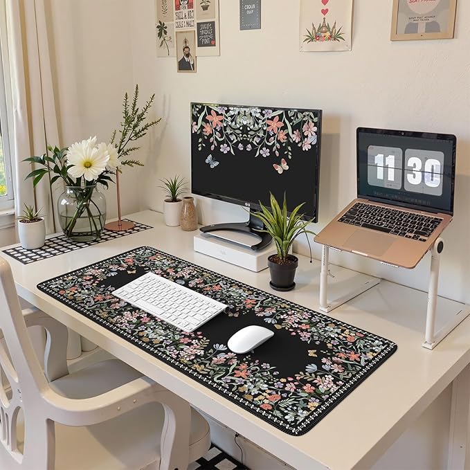 HAOCOO Floral Desk Pad for Keyboard and Mouse, Black Mouse Pad with Non-Slip Rubber Base, XXL Keyboard Mat with Edge Stitching, Soft Computer Mat, Gaming, Office Aesthetics
