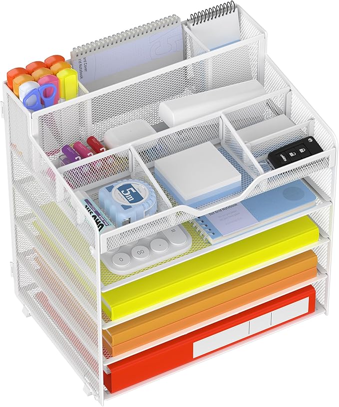 Docnest 5 Tier Mesh Desk Organizer for Paper Office Supplies – Multi-Functional Letter Tray with 5 Adjustable Compartments, 3 Pen Holders, Desktop Storage for Files, Mail, Stationery – White