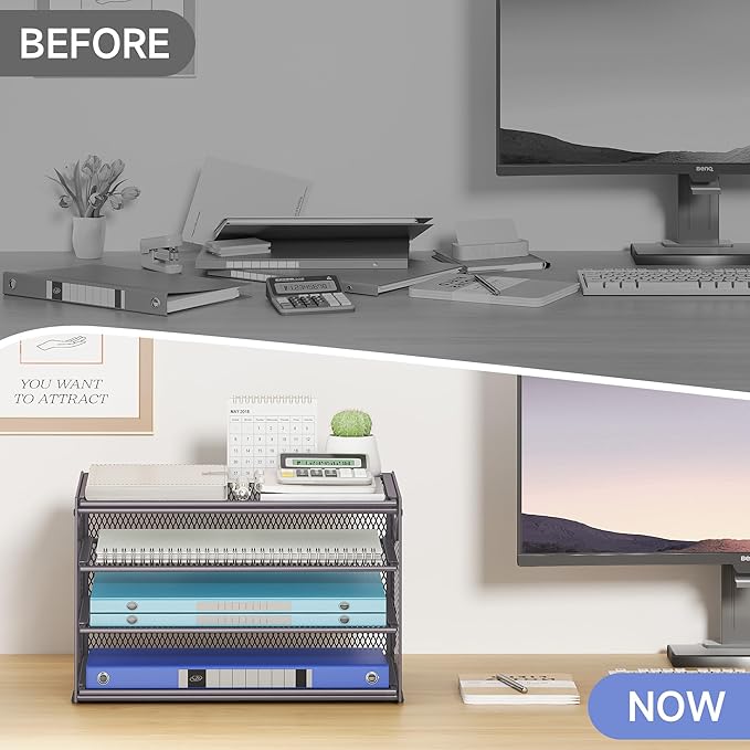 Subekyu Paper Letter Tray Organizer for Desk, Gray Metal Mesh Desk File Sorter Organizer with Handle and 2 Sliding Trays for Home Office School Supplies Organization