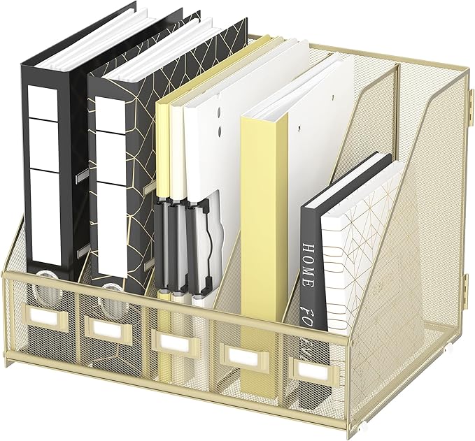 DALTACK Desk Organizers Metal Magazine File Holder with 5 Vertical Compartments Folder Storage Binder Organizer for Office Home School Organization, Golden Yellow, Plus