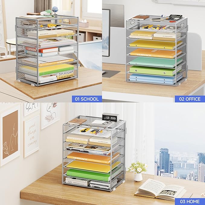 8 Tier Paper Organizer with Handle, Metal Mesh Desk File Organizer, Large Capacity Desk Organizers Paper Letter Tray Desktop Document Sorter for Office, Home or School - Silver