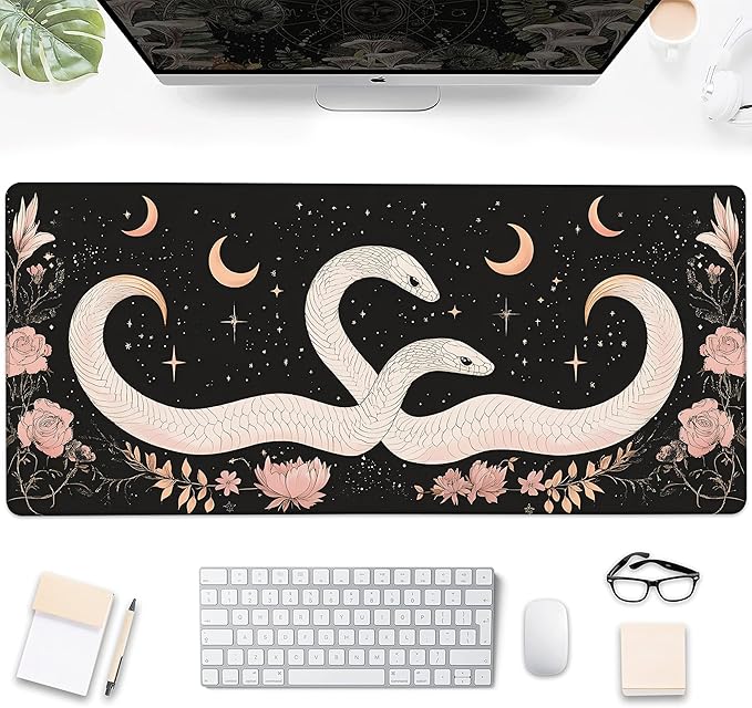 Gaming Mouse Pad, White Snake and Starry Moon Flower Large Desk Mat for Keyboard and Mouse,Non-Slip Rubber Base and Stitched Edges Desk Pad for Home Office 35.4x15.7in