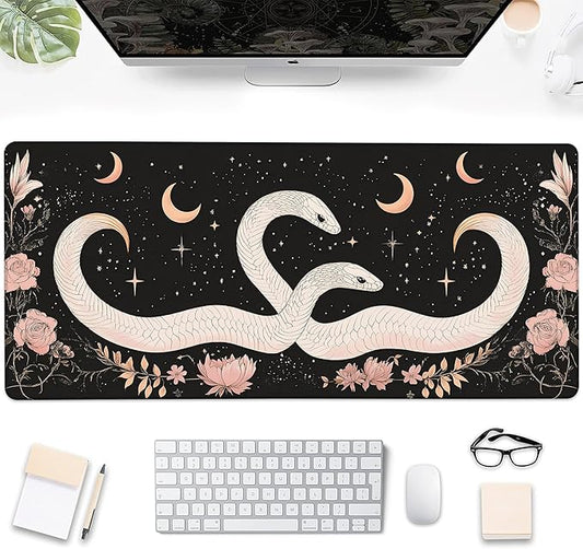 Gaming Mouse Pad, White Snake and Starry Moon Flower Large Desk Mat for Keyboard and Mouse,Non-Slip Rubber Base and Stitched Edges Desk Pad for Home Office 35.4x15.7in
