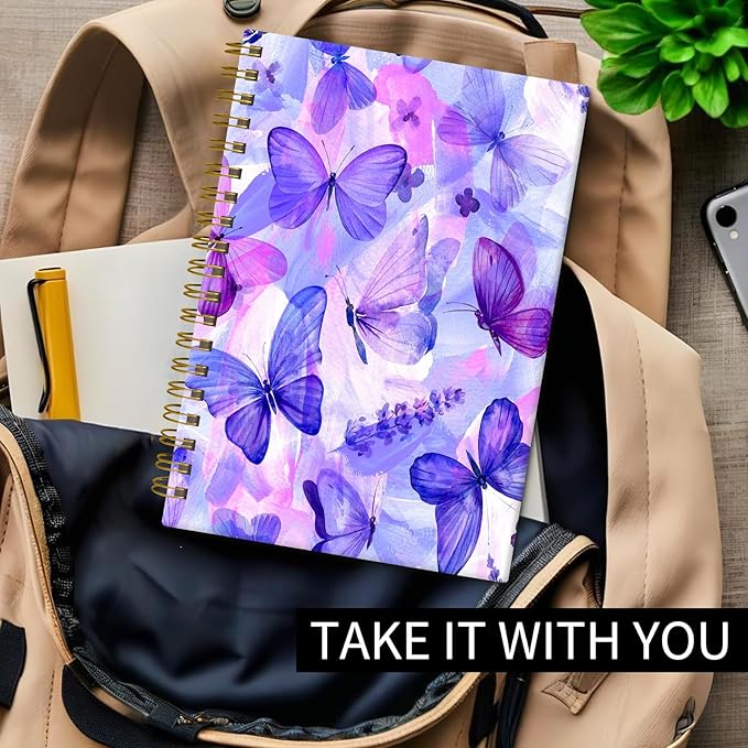 Spiral Journal Notebook, Hardcover Lined Journal for Women, Medium 6 x 8.4 in, 120 Pages Thick Paper, College Ruled Notebook for Writing, Work, Office, and School,Blue Purple Butterfly