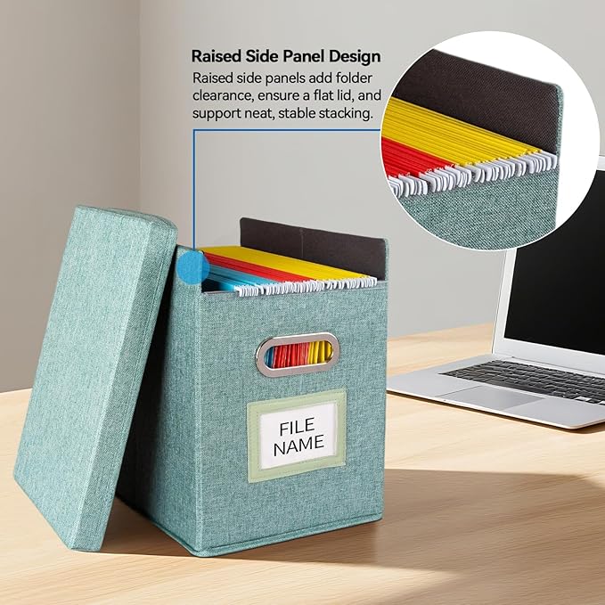 4 Pack Hanging File Folders Organizer with Lid, Letter Size Fabric File Storage Box Collapsible, Portable Office Document Holder with Metal Handle, Smooth PVC Rails, Green