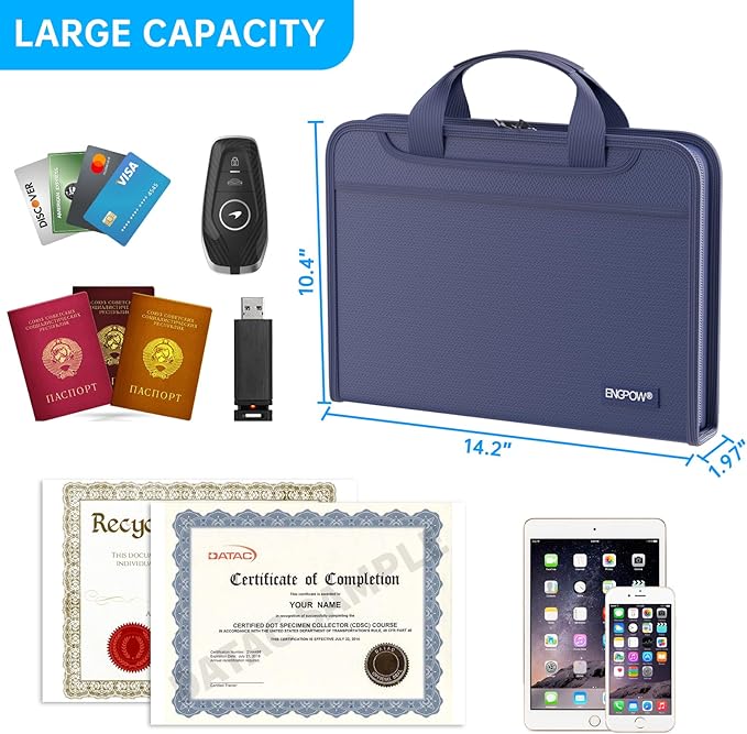 ENGPOW Accordion File Organizer,Fireproof Expanding File Folder with Multi Pockets,13 Pockets Document Organizer with Handle & Labels,Portable Home Travel Safe Storage Folder for Letter A4 Files,Blue