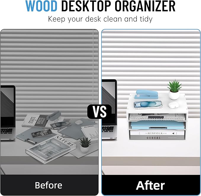 Wood Desk Organizer, 3 Tier Paper Tray Organizer for Desk with Adjustable Storage Shelves, Desktop Paper Sorter Mail Holder for Office Home Classroom, White