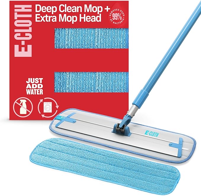 E-Cloth Deep Clean Mop with Extra Mop Replacement Head, Microfiber Mop, Perfect Floor Cleaner for Hardwood, Laminate, Tile and Stone Flooring, Washable and Reusable, 100 Wash Promise,Blue / Silver