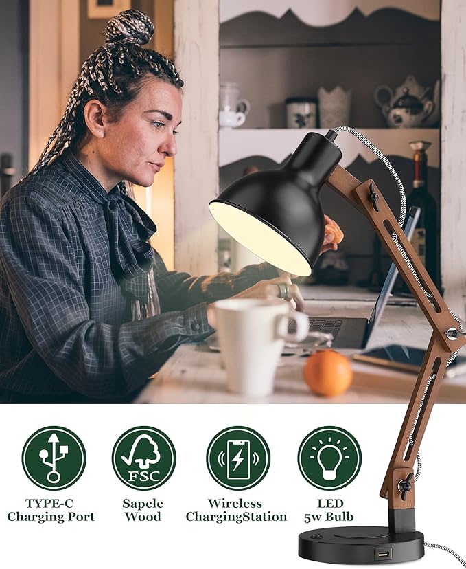 ELYONA LED Sapele Wood Desk Lamp with Upgraded Wireless Charger & USB C Charging Port Modern Table Lamp Swing Arm Bedside Reading Task Light for Dorm Office Bedroom Living Room Bulb Included Black
