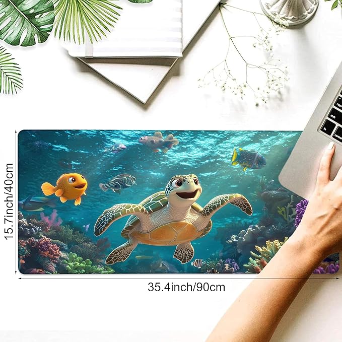 Desk Pad, Cute Cartoon Sea Turtle XXL Gaming Mouse Pad with Stitched Edges,Non-Slip Waterproof Rubber Base Large Desk Mat for Keyboard and Mouse 35.4"x15.7"