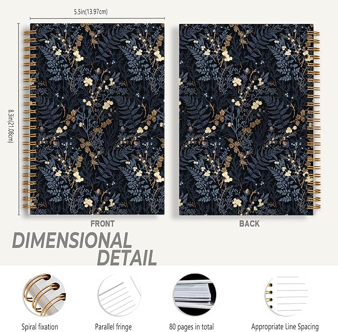 Vintage Blue Floral Notebook, Dark Cottagecore Wildflower Plants Journal, Vintage Fern Herb Leaf Botanical Floral Journal for Writing, Spiral Notebook 5.5x8.3 Inch