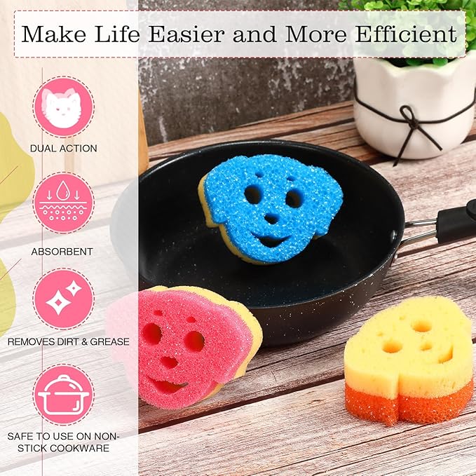 3 Pcs Dual Sided Scrub Sponge Multi Functional Cute Temperature Sensitive Non Scratch Dish Sponge for Washing Dishes Kitchen Bathroom(Dog)