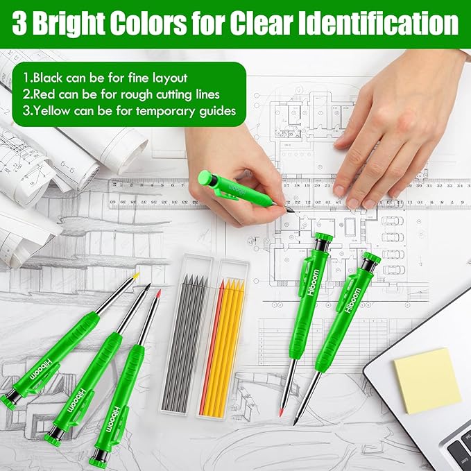 Hiboom 6 Pack Solid Carpenter Pencils Mechanical Construction Pencils with 72 Pcs 2.8 mm Lead Refills Pencil Cap Built In Sharpener Woodworking Marking Tools for Architect Long Nosed Deep Hole Scribe