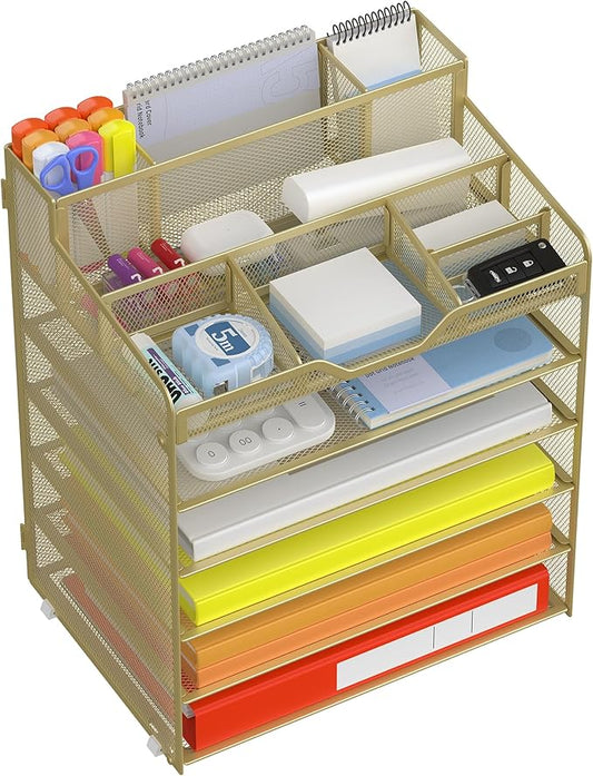 Docnest 6 Tier Mesh Desk Organizer for Paper Office Supplies – Multi-Functional Letter Tray with 5 Adjustable Compartments, 3 Pen Holders, Desktop Storage for Files, Mail, Stationery – Gold Yellow