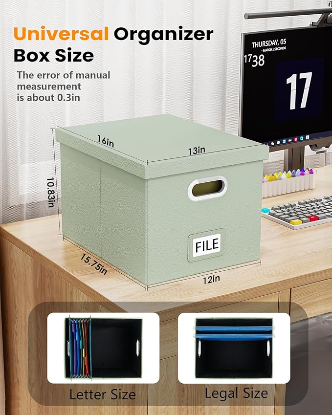 Oterri File Organizer Box,Filing Box with Lid,File Box for Letter/Legal File Folder Storage, Portable Hanging File Box for Office/Decor/Home,1 Pack, Grey-green(Leather),Box only