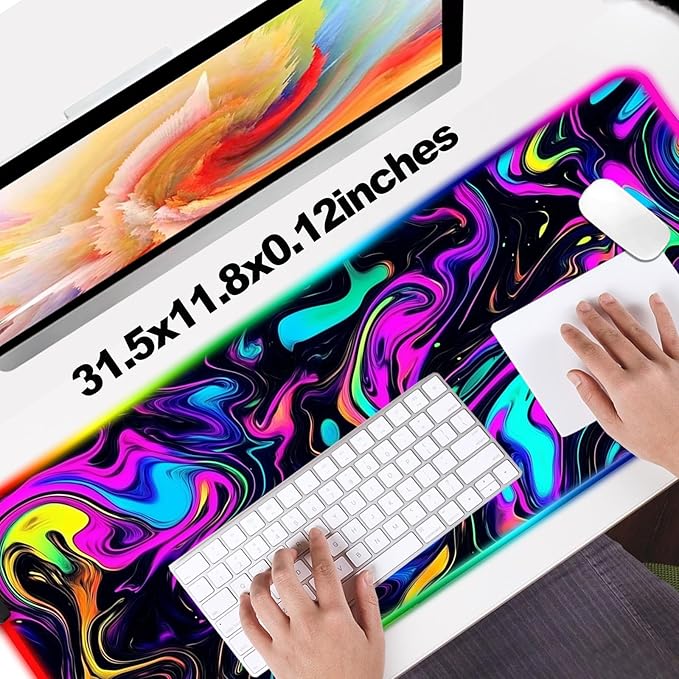 RGB Abstract Colorful Marble Swirl Fluid Gaming Desk Mat, Computer Keyboard Large Extended Long LED Mouse Pad for Office and Home, XL (W22)