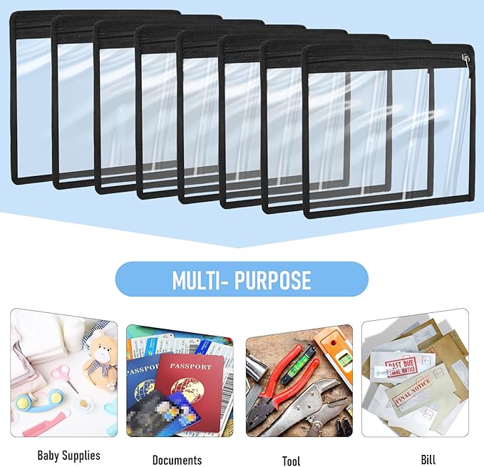 Outus 8 Pcs Clear Zipper Pouches Pencil Pouches PVC Makeup Pouch Envelopes Folder Storage Multi Purpose Pouch Document File Organization Bags, Office Supplies (Black Edging, 9.8 x 8 Inches)