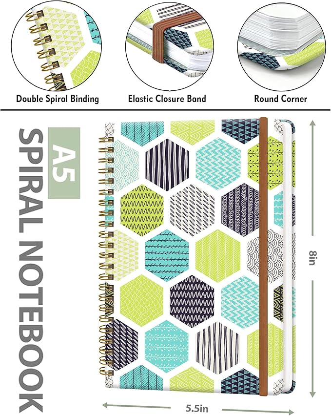 WLPFSAHF Spiral Journal Notebook for Women, Hardcover A5 College Ruled Notebook, 120 Pages, Thick Paper, Cute Lined Journal for School, Office & Work, 6 x 8.4 in(Green Geometric)