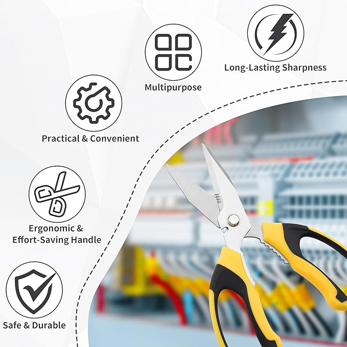 Scissors All Purpose Heavy Duty, 2 Pack Sharp Scissor with Large & Precision Serrations, 8'' Multipurpose Cutting Board Scissors with Special Clip, Wire Cutting Notch & Safety Cover, Yellow