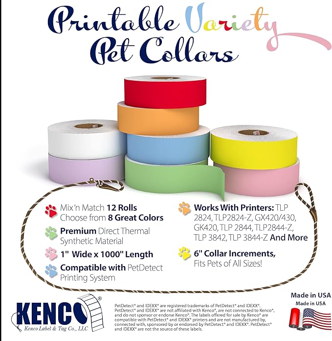 Printable Pet Collars Compatible with Various Printers and Software (12 Roll Mix and Match)