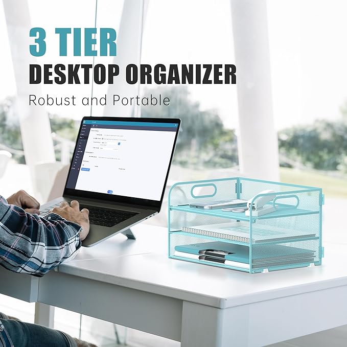 Daltack 3-Tier Paper Organizer with Handle, Mesh Desk Organizer Letter Tray, Blue