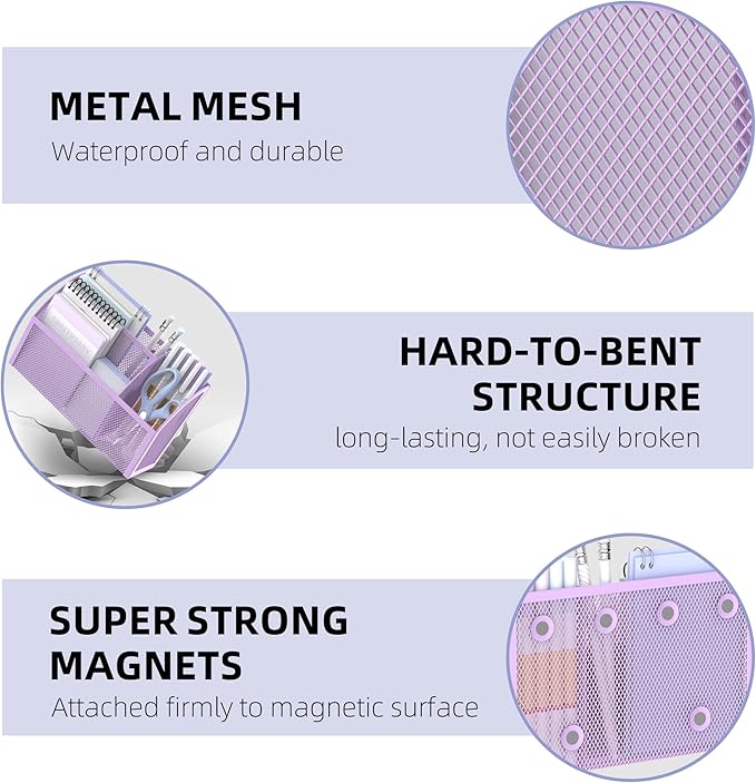 DALTACK Magnetic Pencil Holder - 3-Grid Mesh Shelf for Whiteboard, Refrigerator & Locker - Organizer for Home, School & Office, Purple