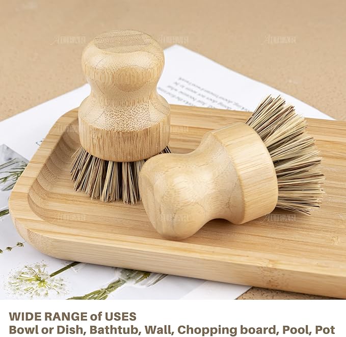 AUEAR, Natural Bamboo Dish Scrub Brush Cleaning Pot Scrubber Brushes Coconut Bristles for Cast Iron Skillet Pots Pans (4 Pack)