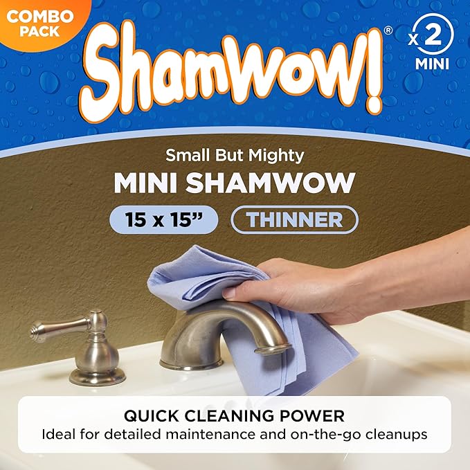 ShamWow Original Super Absorbent Multi-Purpose Cleaning Shammy Chamois Towel Cloth - Holds 10X its Weight in Liquid - Machine Washable - Will Not Scratch (4 Pack: 2 Large Orange & 2 Small Blue).
