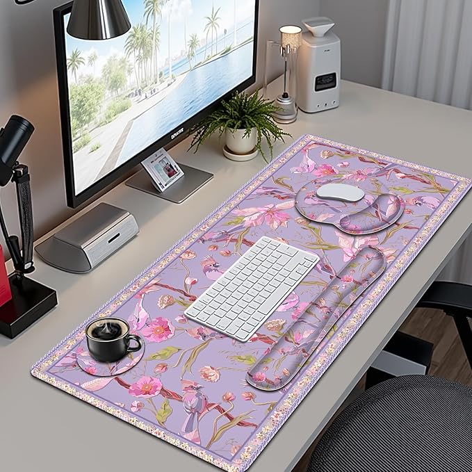Flower Desk Mat, 4in1 Large Mouse Pad with Wrist Rest, Cute Desk Matt for Desktop, Desk Pad Mat, Anti-Slip XXL Computer Ergonomic Mousepad with Wrist Support for Keyboard and Mouse I Purple Bird