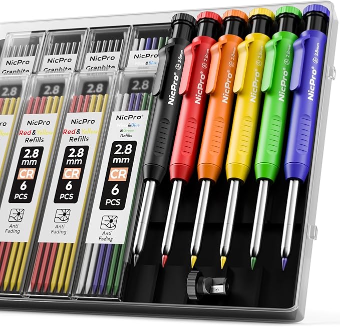 Nicpro 6 Pack Carpenter Pencil with Sharpener,Mechanical Pencils Set 54PCS Refills(Black,Red,Yellow,Blue,Green,White) Deep Hole Marker Construction Heavy Duty Woodworking -With Case