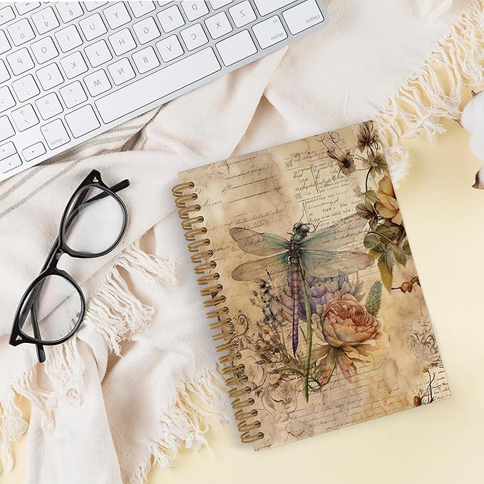 Dragonfly Spiral Notebook, Dragonfly Gifts for Women, Dragon Fly Journal Notebook, Vintage Dragonfly Notebooks for School Work, Dragonfly Floral Office Supplies Gifts for Women Men, 5.5x8.3 Inch