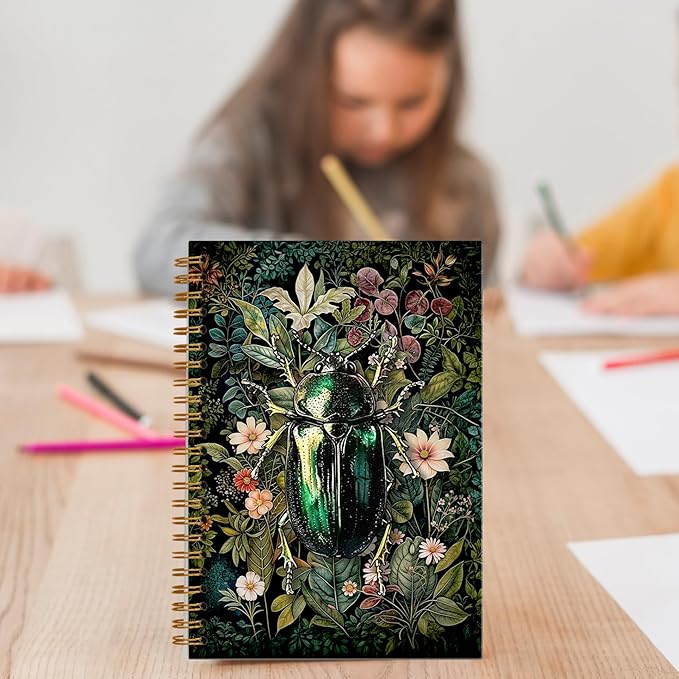 Vintage Floral Beetle Notebook, Retro Moody Wildflower Insect Journal, Dark Cottagecore Botanical Journal for Writing, Rustic Floral Spiral Notebook 5.5x8.3 Inch