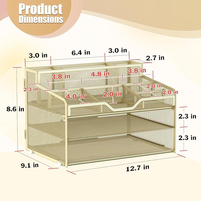 Docnest 3 Tier Mesh Desk Organizer for Paper Office Supplies – Multi-Functional Letter Tray with 5 Adjustable Compartments, 3 Pen Holders, Desktop Storage for Files, Mail, Stationery – Gold Yellow