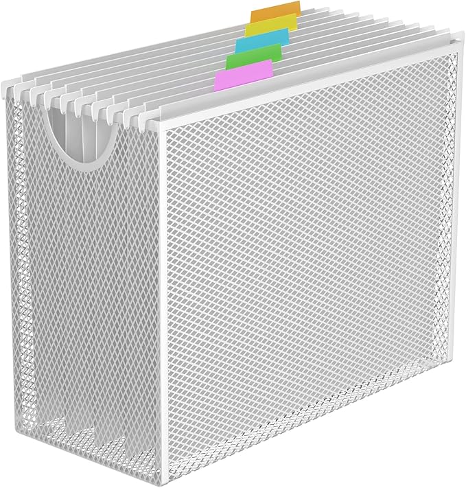 White Hanging File Organizer Box, Hanging File Folder Frame with 5 Letter-size Hanging Folders, Metal Mesh Desk File Folder Storage (No Assembly Required)