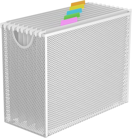 White Hanging File Organizer Box, Hanging File Folder Frame with 5 Letter-size Hanging Folders, Metal Mesh Desk File Folder Storage (No Assembly Required)