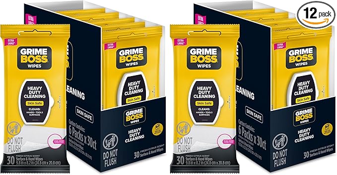 Grime Boss Heavy Duty Wipes (6 x 30ct) | Wet Wipes Used for Hands, Equipment, Tools, Garden, Automotive| Easily Removes Oil, Grease, & Dirt (Pack of 2)