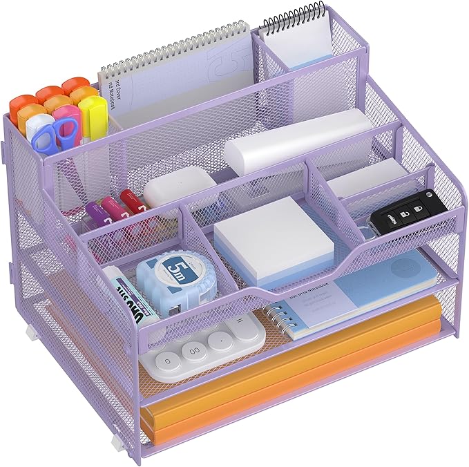 Docnest 3 Tier Mesh Desk Organizer for Paper Office Supplies – Multi-Functional Letter Tray with 5 Adjustable Compartments, 3 Pen Holders, Desktop Storage for Files, Mail, Stationery – Purple