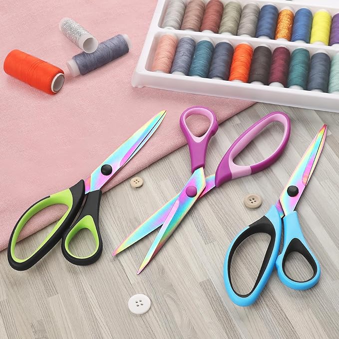 Sewing Scissors, Sharp Titanium Coating Blades, Soft Grip Handle, Multi-Purpose Scissors Set of 3 Suitable for Families, Office, and School Use, Blue Black, Purple Pink and Green Black