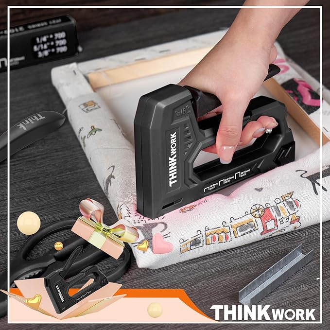 THINKWORK Light Duty Staple Gun - Black Upholstery Staple Gun for Wood with 1600pcs JT21 Staples 1/4", 5/16", 3/8" and Staple Remover, Fabric Stapler Gun for Crafts, Home Use, Wall, DIY, Lights Decora