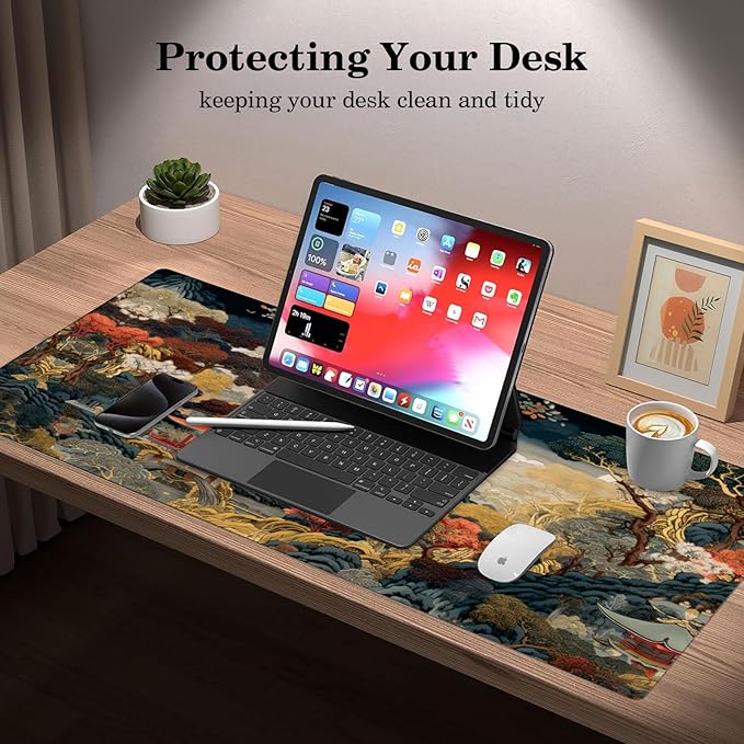 Chinese Style Desk Pad Protector, Stitched Edges Mouse Pad, Large Office Desk Mat, Non-Slip Desk Blotter, Laptop Desk Pad, Desk Writing Pad for Office and Home (31.5" x 15.7")