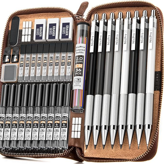 Nicpro 38PCS Art Mechanical Pencils Set in Leather Case, 3 PCS Metal Drafting Pencil 0.5, 0.7, 0.9 mm & 5 PCS 2mm Lead Holder (6B 4B 2B HB 2H 4H Colors) For Sketching Drawing With 20 Tube Lead Refills