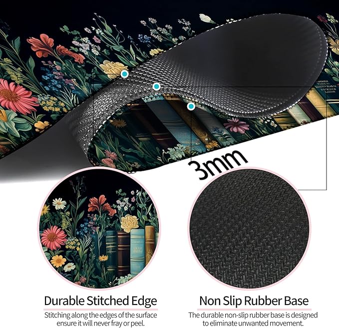 Fantasy Pretty Wildflower and Book Gaming Desk Mat, Computer Keyboard Large Extended Long Floral Mouse Pad for Office and Home, XL (W02)